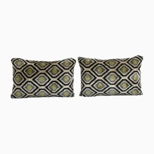 Green Silk and Velvet Geometric Ikat Lumbar Cushion Covers, 2010s, Set of 2