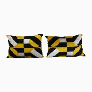 Hand Woven Velvet & Silk Ikat Lumbar Pillow Covers in Yellow, Uzbekistan, 2010s, Set of 2