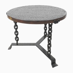 Brutalist Side Table in Black Welded Chain and Oak Tray Tinted, France, 1970s