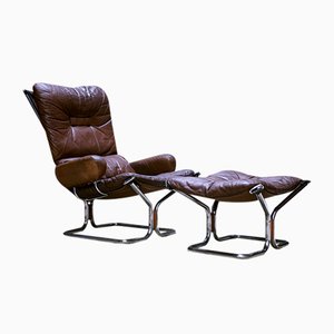 Leather Armchair and Foot Stool attributed to Harald Relling for Westnofa. Norway, 1970s, Set of 2