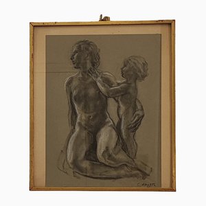 Carl Albert Angst, Mère et enfant, Charcoal and Crayon on Paper, Framed