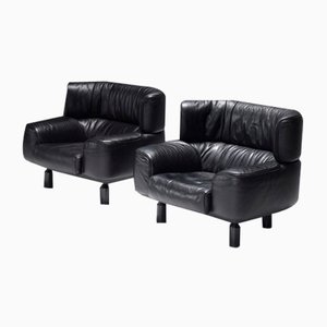 Bull Chairs in Black Leather by Gianfranco Frattini for Cassina, 1987, Set of 2