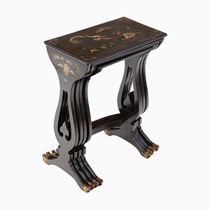 Antique Chinoiserie Decorated Black Lacquer Nesting Tables, 1890s, Set of 4