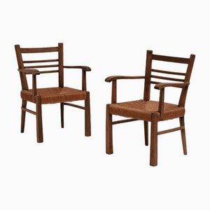 Rustic French Armchairs in Wood and Straw, 1950s, Set of 2