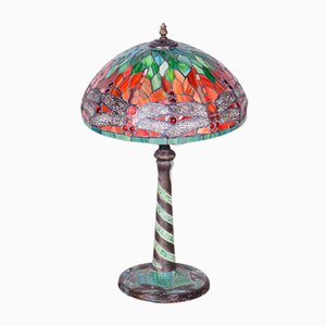 Vintage French Art Deco Table Lamp in Enameled Bronze and Glass Shade, 1970s