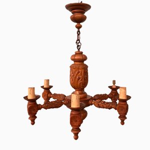 Large 6-Light Chandelier in Carved Walnut, Italy, 1920s