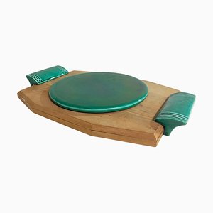 Brown and Green Cheese Tray in Ceramic and Wood, France, 1970s