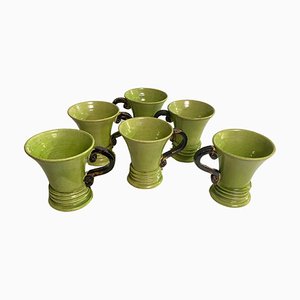 20th Century French Ceramic Cups in Green and Brown, Set of 6