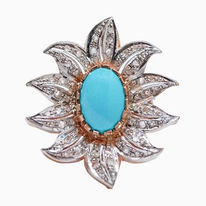 Rose Gold and Silver Flower Ring in Turquoise and Diamonds, 1960s
