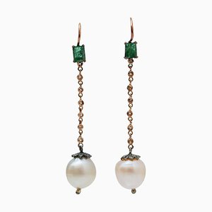 Pearls, Emeralds, Diamonds, Rose Gold and Silver Dangle Earrings, Set of 2