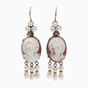 Rose Gold and Silver Earrings with Pearls and Diamonds, Set of 2