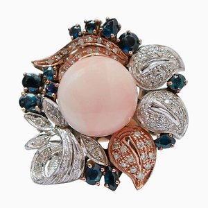 14 Karat Rose Gold and White Gold Ring with Sapphires and Diamonds
