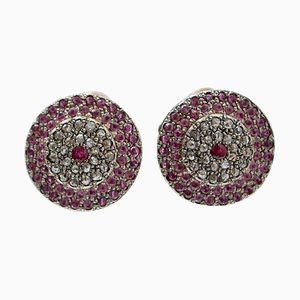 Rose Gold and Silver Earrings with Rubies and Diamonds, Set of 2