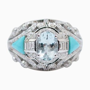 Turquoise, Aquamarine, Diamonds and 14 Karat White Gold Ring
