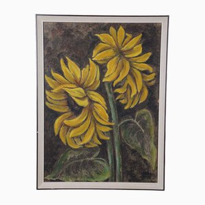 Still Life with Sunflowers, Chalk Drawing, Framed
