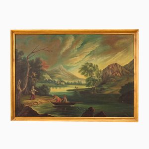 Italian Artist, View of a River with Characters, 1960, Oil on Canvas, Framed
