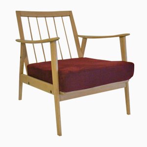 Vintage Beech & Red Fabric Easy Chair