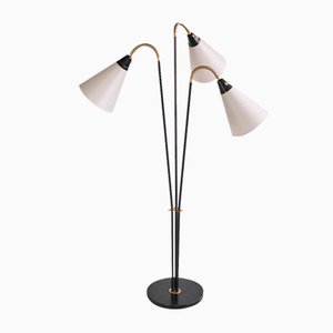 Modern Swedish Adjustable Three Arm Floor Lamp in Metal, Brass and Silk, 1950s