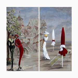 Michèle Kaus, Diptyque Hotel Normandie, 2020, Peintures Acryliques, Set de 2