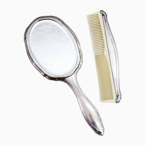 Silver Hand Mirror and Comb, 1930s, Set of 2