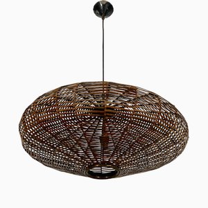 Large Mid-Century Italian Rattan and Brass Chandelier, Italy, 1950s