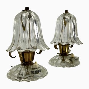 Lámparas de mesa Mid-Century de cristal de Murano y latón. Años 40 de Ercole Barovier. Juego de 2