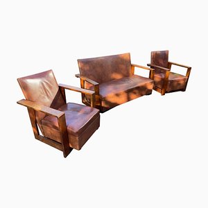 Modernist Lounge Chairs and Sofa in Oak and Leather by W.H. Russell for Gorgon Russell, 1930, Set of 3