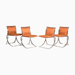 Orange Upholstery Chromed Steel Chairs, 1970s, Set of 4