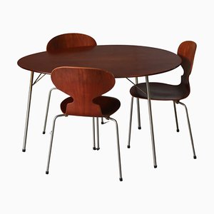Early Edition Table & Ant Chairs in Teakwood & Steel attributed to Arne Jacobsen for Fritz Hansen, 1952, Set of 4
