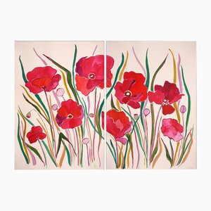 Romina Milano, Red Poppy Flower Diptych, 2023, Acrylic on Paper