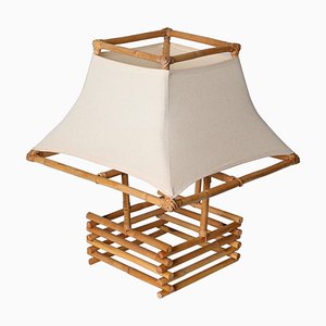 Rattan, Wicker and White Fabric Table Lamp by Louis Sognot, France 1960s