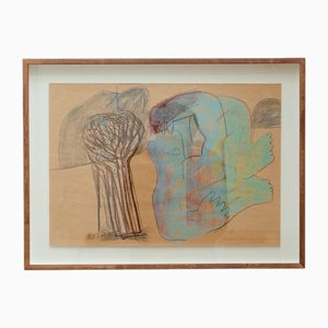 Paul Bader, figura y árbol abstracto, dibujo de tiza, siglo XX, enmarcado
