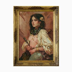 Giacomo Moretti, Retrato de mujer joven, óleo sobre lienzo, enmarcado