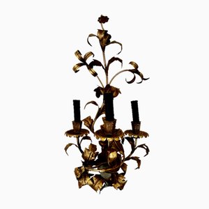 Big Floral Florentine Gilded Wall Lamp, 1890s