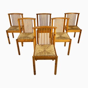 Scandinavian Pine and Rush Dining Chairs, 1970s, Set of 6