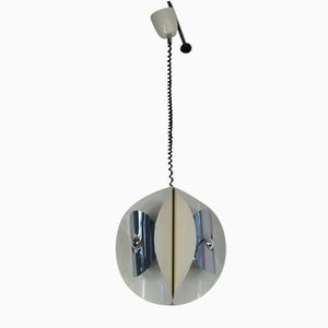 Italian Space Age Hanging Lamp with White Painted, Metal & Chrome Shields, 1970s