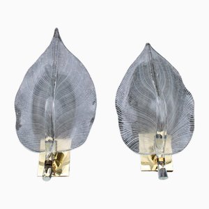 Large Leaf Wall Lamps in Murano Glass & Brass from Franco Luce, Italy, 1970s, Set of 2