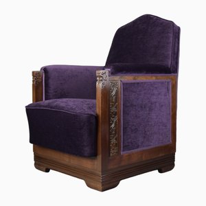Art Deco Jatoba Wood and Purple Velvet Lounge Chair, 1930