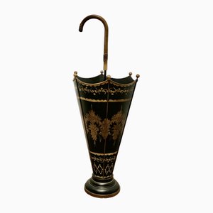 Italian Toleware Umbrella Stand Hand Painted Gold on Black, 1920s