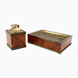 Mid-Century Tabletop Smoking Set in Wood and Brass with Ashtray and Table Lighter, Italy, 1950s, Set of 2