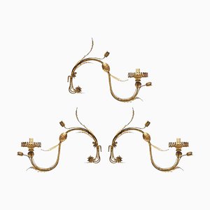 Golden Appliques Curved Arms Brought in Wrought Iron with Leafy and Floral Motifs, Set of 3