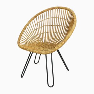 Mid-Century Armchair in Bamboo Wicker with Hairpin Legs, 1960s