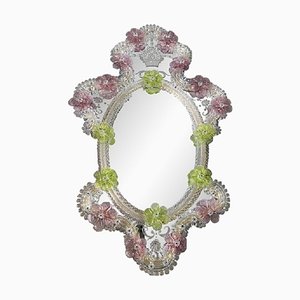 2000s Venetian Oval Green and Pink Floreal Hand-Carving Mirror by Simong