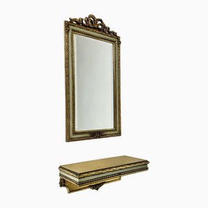 Vintage Gold Plated Wooden Mirror with Wall Console Belgium, 1960s, Set of 2