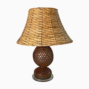 Glass and Rattan Table Lamp in Brown, England, 1970