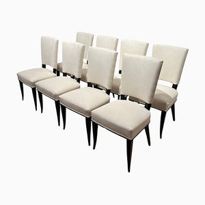 Art Deco Chairs in Black Lacquer in Cream Velour, France, 1930s, Set of 8
