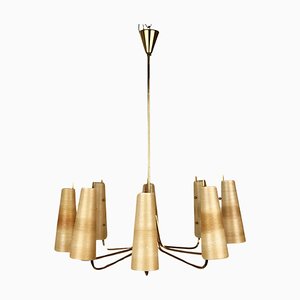 Chandelier in Brass with Fiber Glass Shades by Rupert Nikoll, Austria, 1962