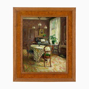German School Artist, Interior with Dining Table & Piano, Early 20th Century, Oil on Canvas