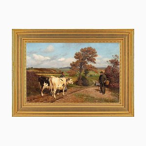Poul Steffensen, Paesaggio con bovini e figure, Inizio del 1900, Olio su tela