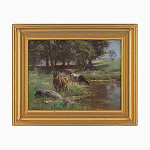 Michael Therkildsen, Paesaggio pastorale con bestiame e laghetto, anni '20, Olio su tela
